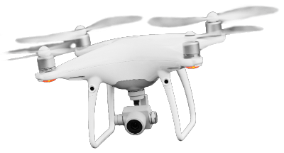 White quadcopter drone hovering in midair with camera gimbal and four propellers visible.