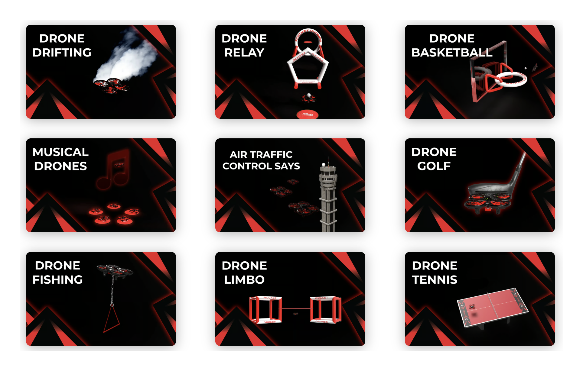 Visual lineup of Rocket Drones gamified training challenges including Drone Drifting, Drone Relay, Drone Basketball, Drone Golf, and other STEM-based drone activities.
