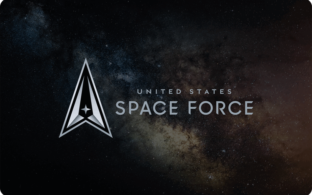 United States Space Force emblem on a cosmic background symbolizing Rocket Drones’ partnership for advanced aerospace and STEM education programs.