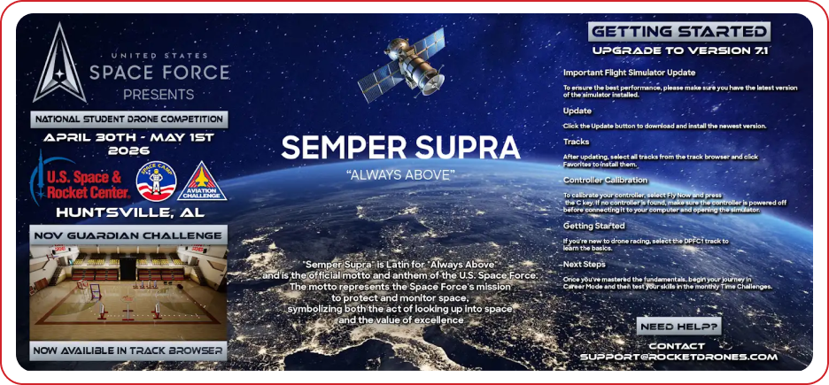 United States Space Force National Student Drone Competition 2026 promotional banner featuring Semper Supra motto, April 30-May 1st event dates at U.S. Space & Rocket Center Huntsville Alabama with NOV Guardian Challenge details