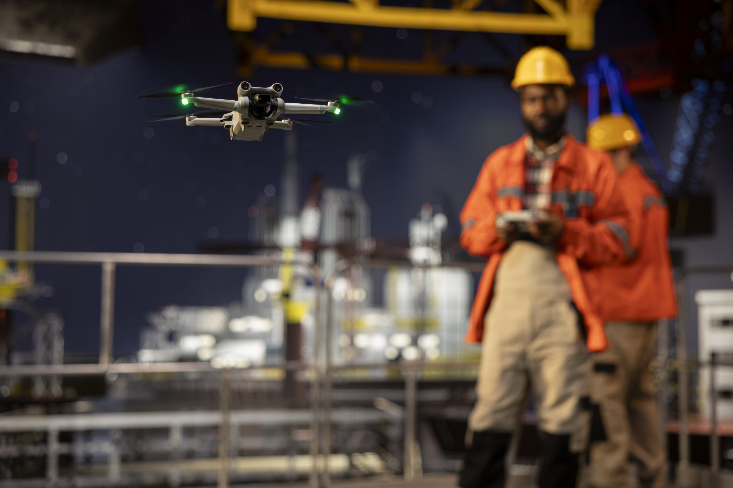 drone operator using drone for refinery inspection.