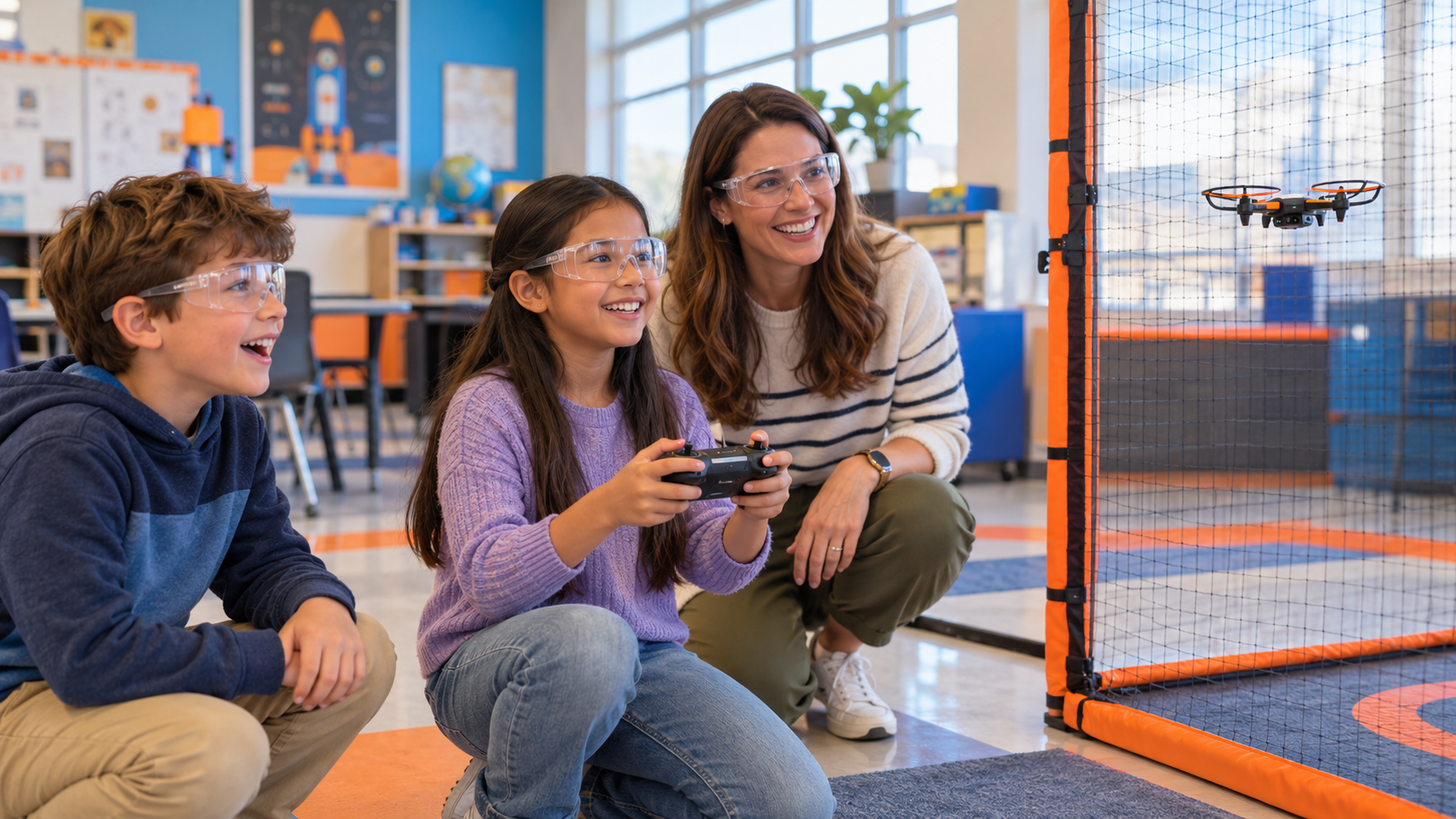 Elementary students fly a classroom drone in a netted flight area while their teacher watches