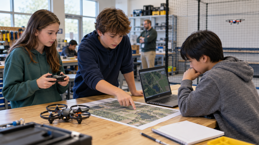 High school students in a drone pilot certification class