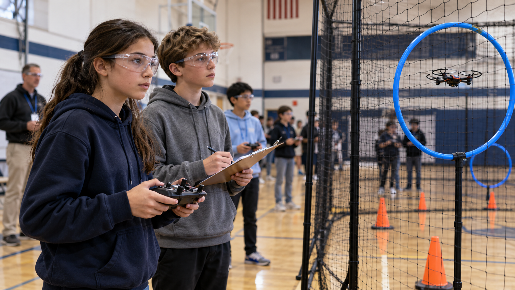 Middle school students pilot drones through a hoop course in a school gym