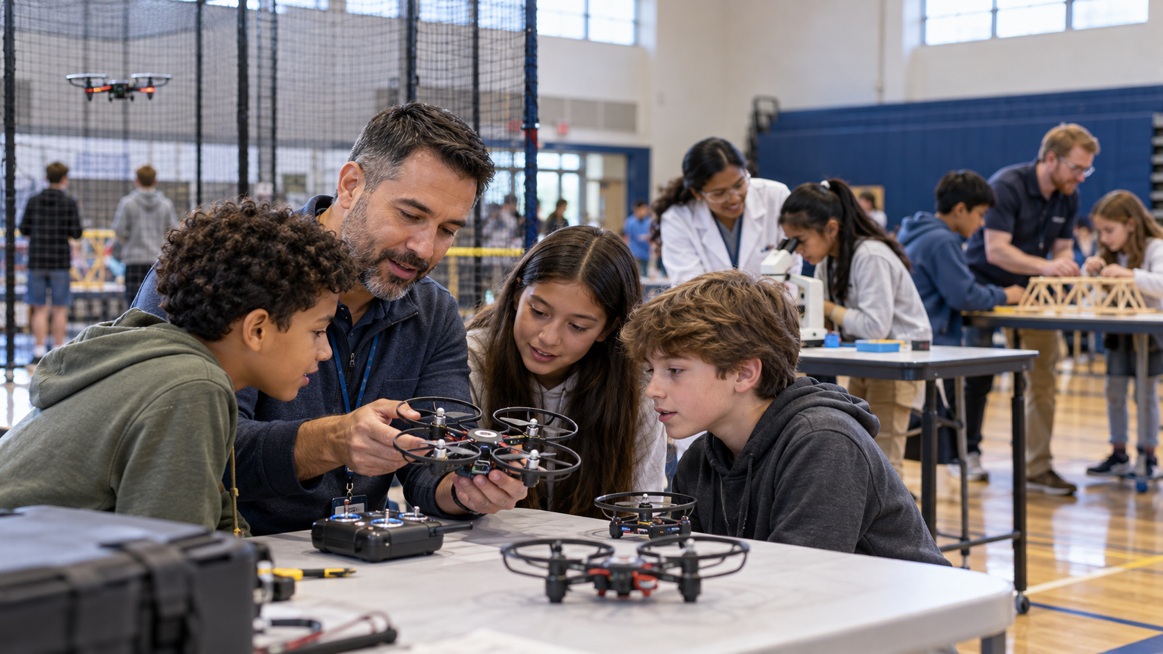 A drone professional shows students how a classroom drone works at a career day station