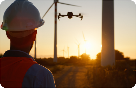 Drone flying near wind turbines at dusk with technician in safety gear observing