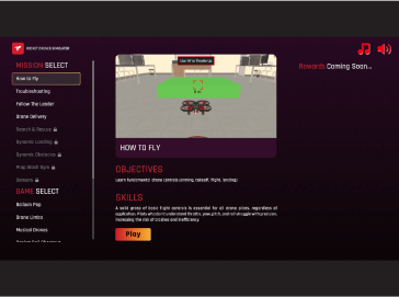 Screenshot of Rocket Drones flight simulator showing mission select and “How to Fly” training interface for drone control skills.