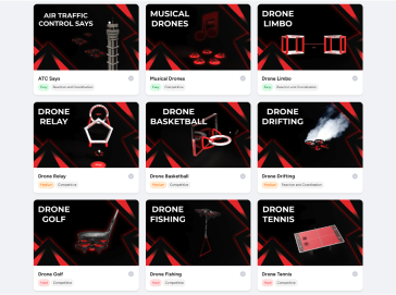 Grid of Rocket Drones simulator game missions such as Drone Limbo, Drone Golf, Drone Basketball and Drone Tennis showing interactive learning activities for STEM drone education.